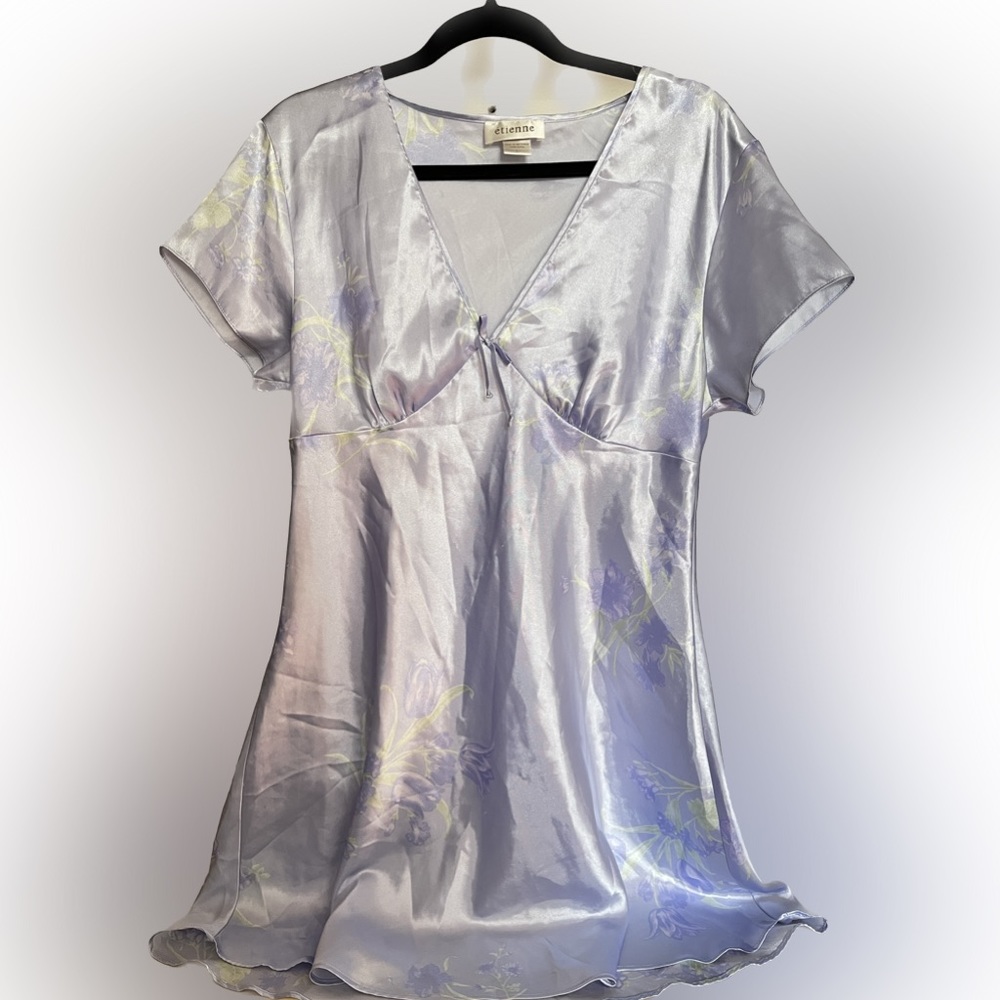 Light lilac color silk dress with beautiful flower details.